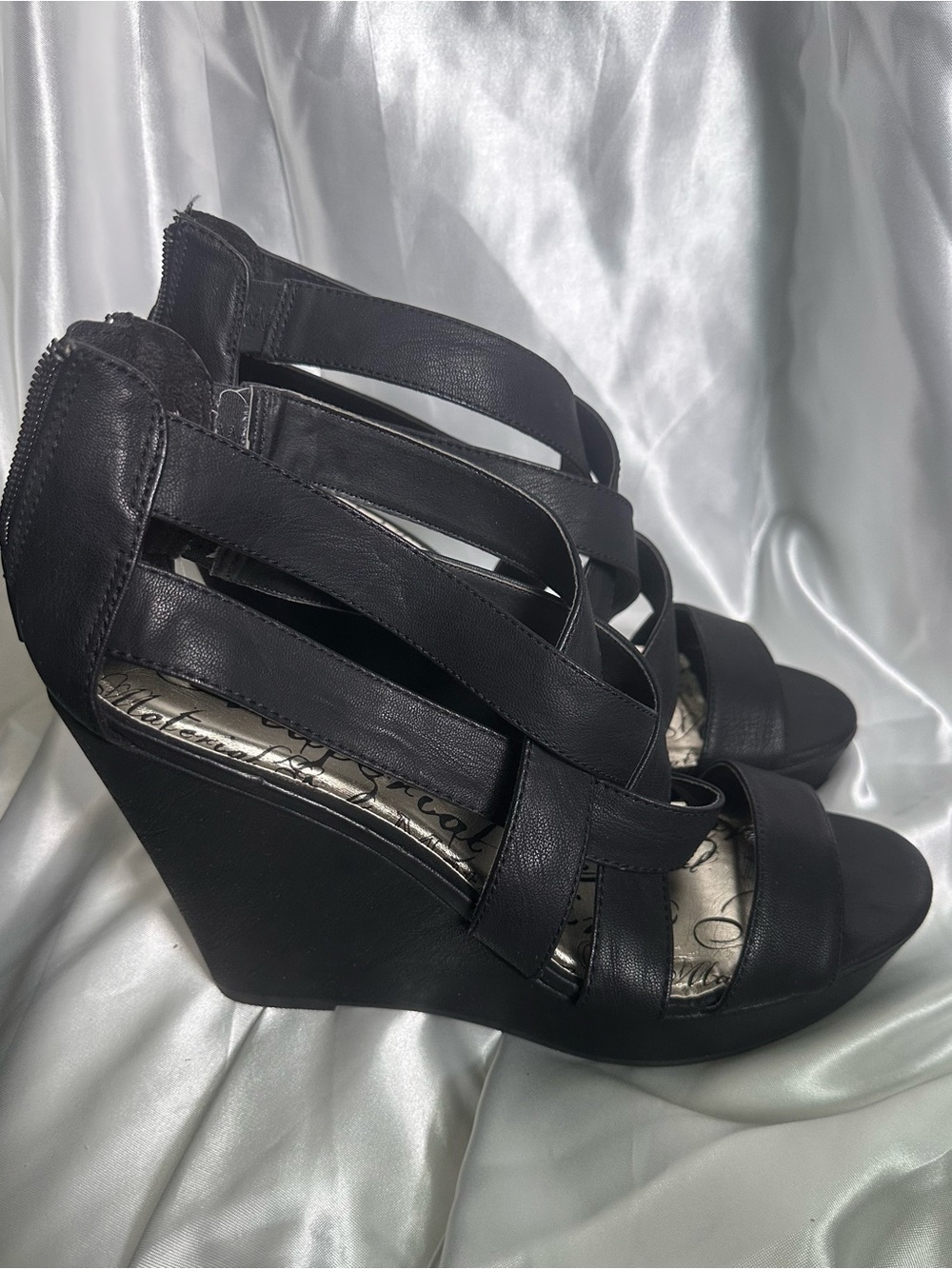 Material Girl Black Strappy Wedge Sandals - Women's Fashion Wedges